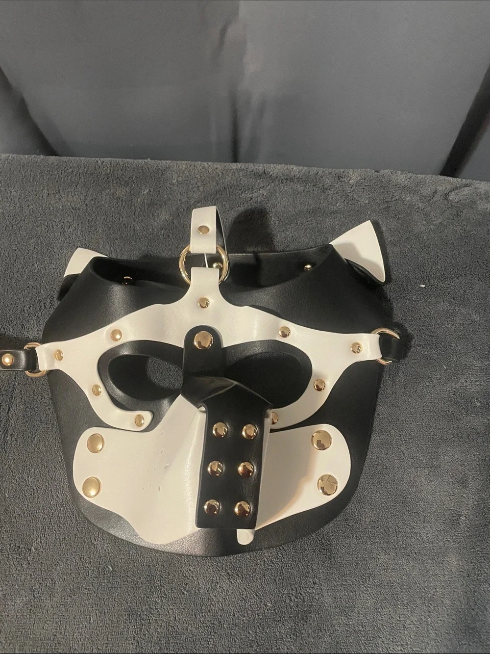 Black & White Leather Dog Mask Harness Muzzle with Gold Studs NWOT